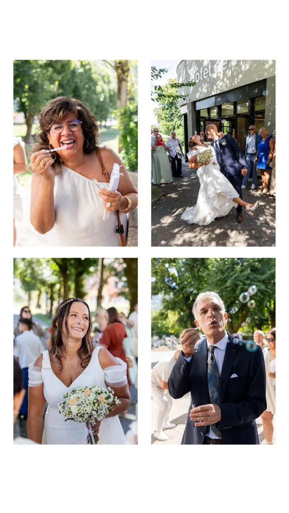 invités soufflant des bulles de savon pour un mariage au Versoud dans la région Grenobloise