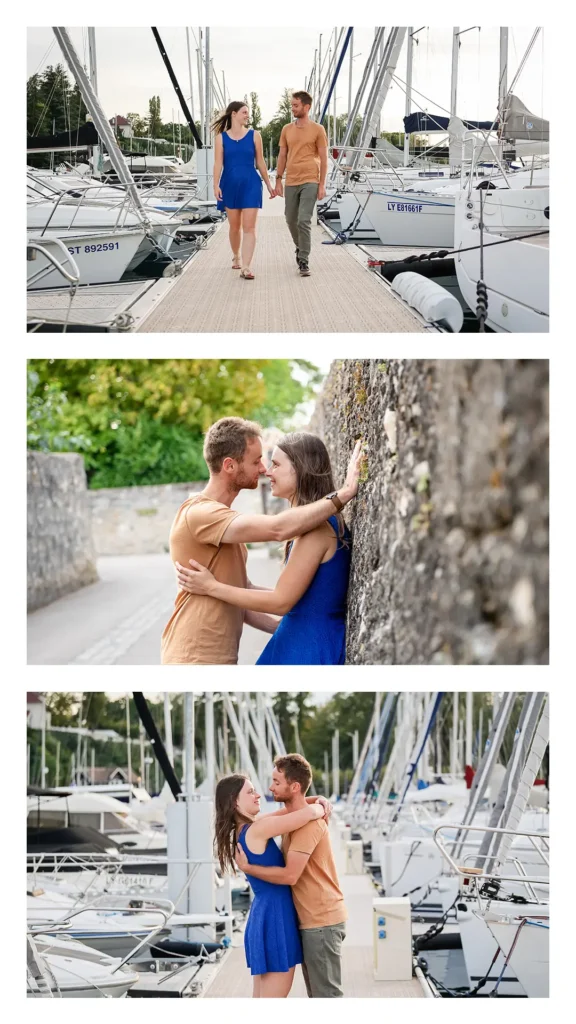 Couple marchant sur un ponton parmi les voiliers à Yvoire