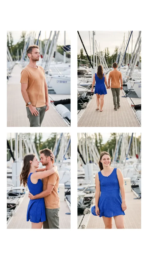 Portrait souriant , séance photo couple au port d'Yvoire, Haute-Savoie