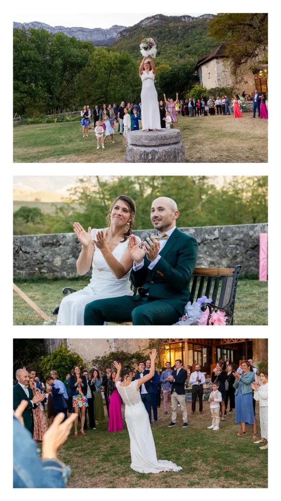 Cérémonie et lancer de bouquet au chateau de Montalieu en Isère lors d'un mariage