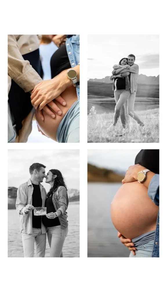 Portrait de future maman avec ventre rond dans un alpage doré, Alpe d'Huez